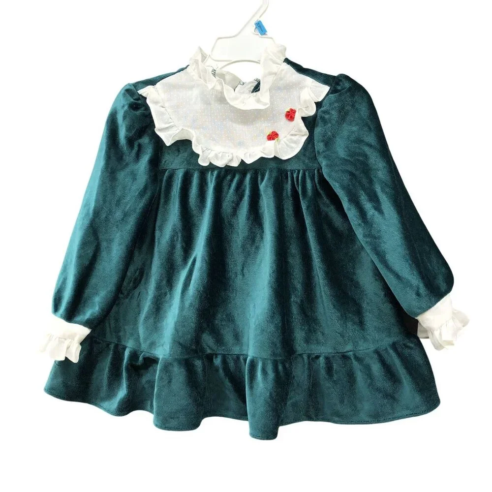 Vintage Girls 24M Velvet Dress Long‎ Sleeve Ruffle Collared Jewel Green Holiday